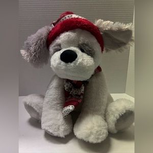 Hugfun International White Gray Puppy Dog Red Hat Scarf Plush Stuffed Animal 12"